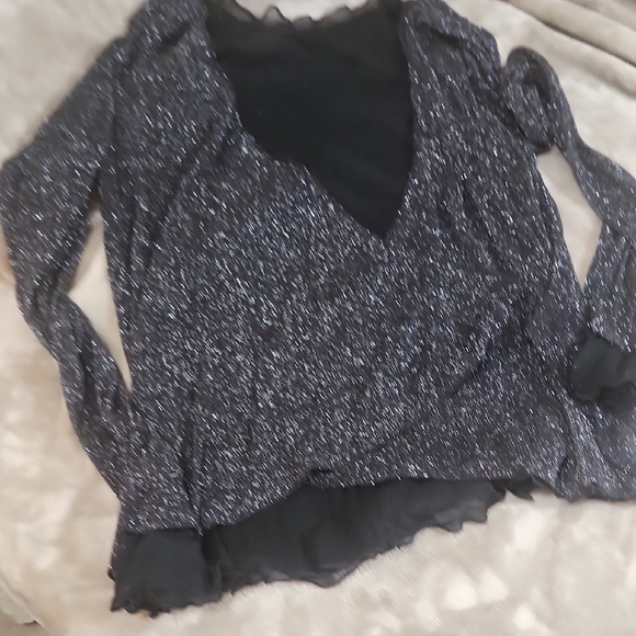 Undefined Tops - Sparkly Black Sheer Blouse Double Layered With Long Sleeves